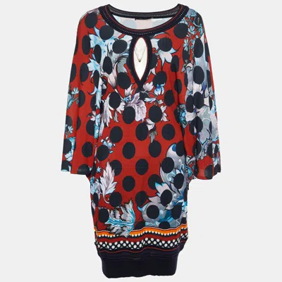 Roberto Cavalli Red Floral Printed Jersey & Knit Trim Mini Dress In Multi