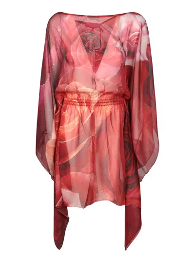 Roberto Cavalli Red Garden Rose Kaftan Dress