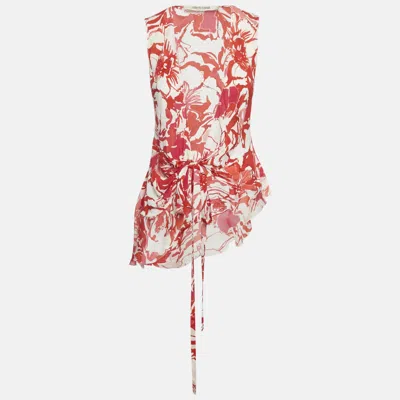Pre-owned Roberto Cavalli Red Printed Silk Asymmetric Sleeveess Wrap Top S