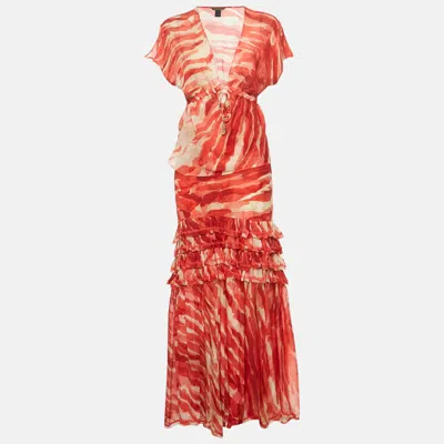 Pre-owned Roberto Cavalli Red Printed Silk Top And Skirt Set S/l