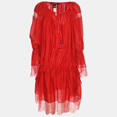 Pre-owned Roberto Cavalli Red Silk And Lace Trim Mini Dress S