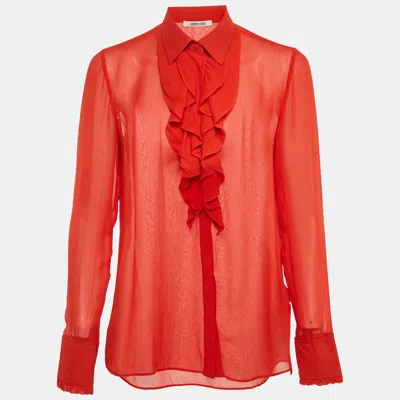 Pre-owned Roberto Cavalli Red Silk Chiffon Ruffle Neck Sheer Shirt S