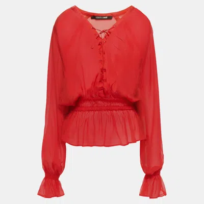 Pre-owned Roberto Cavalli Red Silk Lace Up Sheer Blouse L (it 44)