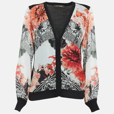 Pre-owned Roberto Cavalli Red/black Floral Print Silk And Knit Buttoned Cardigan M