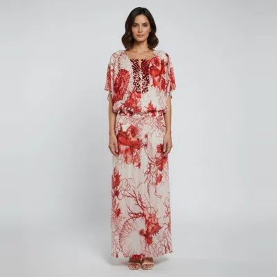 Pre-owned Roberto Cavalli Red/white Embellished Coral Reef Print Silk Sheer Kaftan S