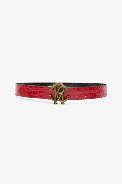 Roberto Cavalli Reversible Belt With Mirror Snake Monogram In Red
