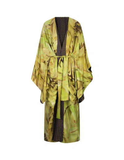 Roberto Cavalli Reversible Long Dress With Green Plumage Print
