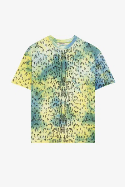 Roberto Cavalli Rhinestone Tie-dye Print T-shirt In Light Green/light Blue