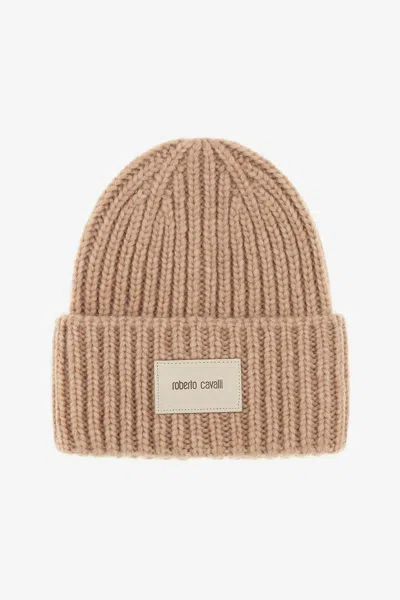 Roberto Cavalli Ribbed Alpaca Blend Beanie With Logo In Light Brown