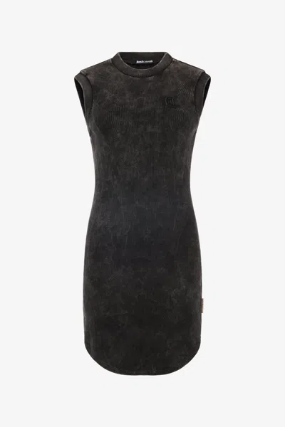 Roberto Cavalli Ribbed Mini Dress With Jc Monogram In Black