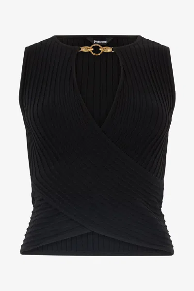 Roberto Cavalli Ribbed Sleeveless Crop Top In Black