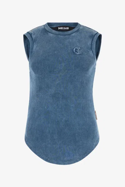 Roberto Cavalli Ribbed Tank Top With Jc Monogram In Blue