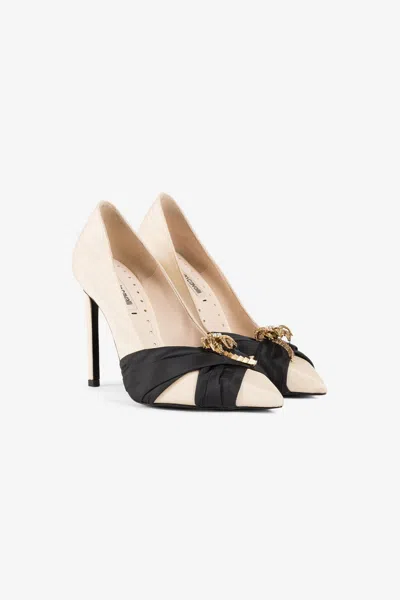 Roberto Cavalli Ribbon-embellished Pointed Toe Pumps In Ivory/black