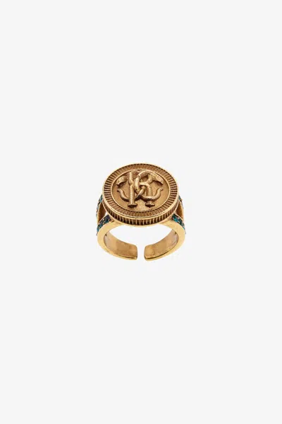 Roberto Cavalli Ring With Monogram Mirror Snake And Crystals In Gold