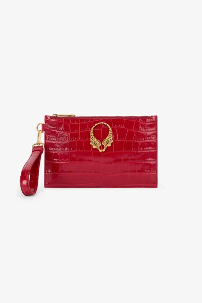 Roberto Cavalli Roar Leather Clutch Bag In Red