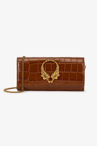 Roberto Cavalli Roar Leather Wallet With Chain In Brown