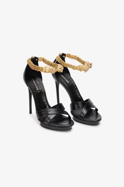 Roberto Cavalli Roar Black Leather Sandals