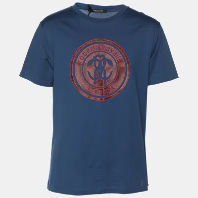Pre-owned Roberto Cavalli Robert Cavalli Blue Jersey Logo T-shirt L