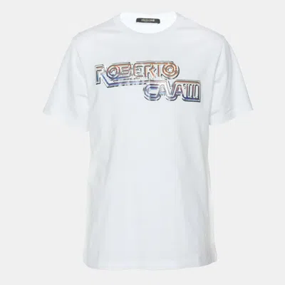 Pre-owned Roberto Cavalli Robert Cavalli White Jersey Logo Print T-shirt L