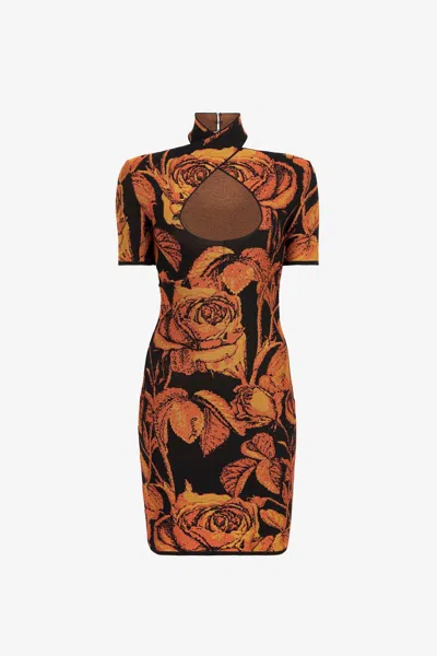 Roberto Cavalli Rose-jacquard Cut-out Mini Dress In Orange
