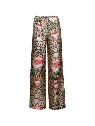 Roberto Cavalli Rose Jaguar-print Silk Trousers In Multi