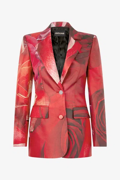Roberto Cavalli Rose Print Blazer In Rosso