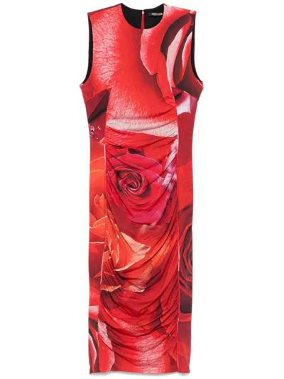 Roberto Cavalli Rose-print Midi Dress In Red