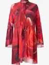 Roberto Cavalli Mini Dress With Rose Print And Sash In Red