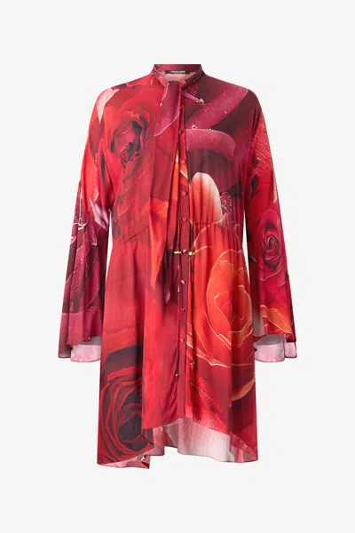 Roberto Cavalli Mini Dress With Rose Print And Sash In Rosso