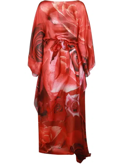 ROBERTO CAVALLI ROSE-PRINT SILK KAFTAN DRESS