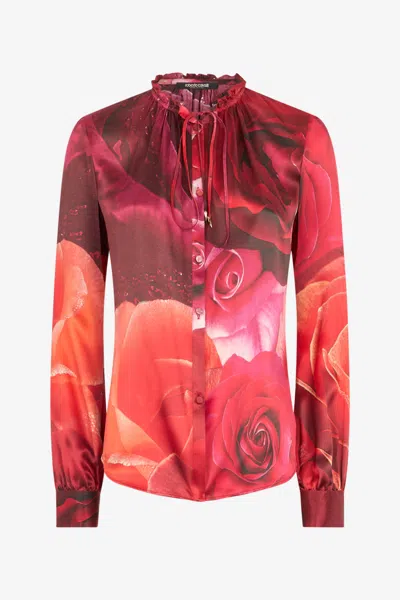 Roberto Cavalli Rose-print Silk Shirt In Red