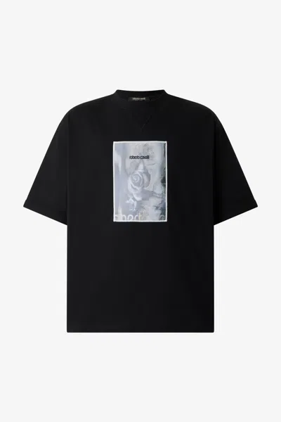 Roberto Cavalli Rose-print T-shirt With Logo In Black