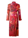 Roberto Cavalli Long Crinkle-effect Trench Coat With Rose Print In Red