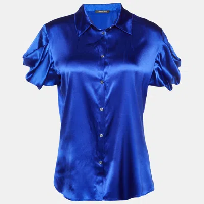 Pre-owned Roberto Cavalli Royal Blue Silk Satin Short Sleeve Shirt M