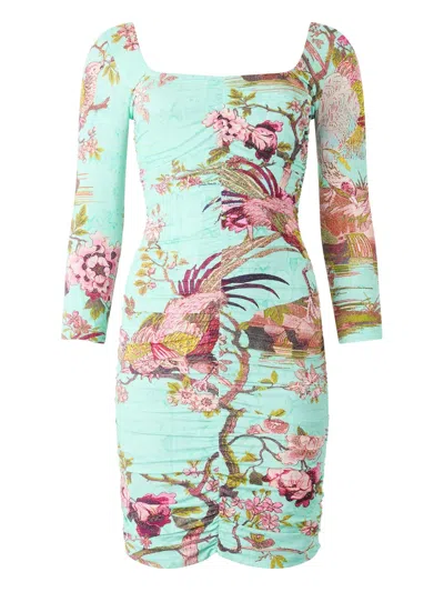 Roberto Cavalli Ruched Floral-print Dress In Blue