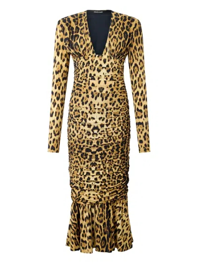 Roberto Cavalli Ruched Leopard-print Midi Dress In Animal Print