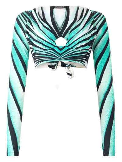 Roberto Cavalli Ruched Long-sleeve Crop Top In Blue