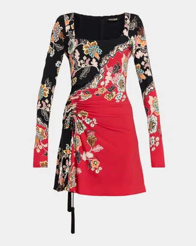 Roberto Cavalli Ruched Long-sleeve Floral Mini Dress In Multi
