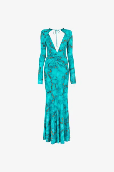 Roberto Cavalli Printed Jersey V Neck Long Dress In Light Blue