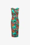 ROBERTO CAVALLI RUCHED MIDI DRESS WITH HAWAII PRINT