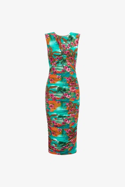 Roberto Cavalli Ruched Midi Dress With Hawaii Print In Light Blue