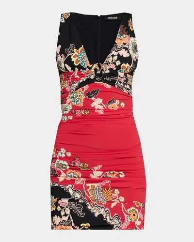 Roberto Cavalli Ruched Sleeveless Floral Mini Dress In Multi