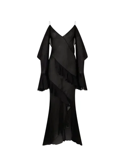 Roberto Cavalli Ruffled Cold-shoulder Dress In Black