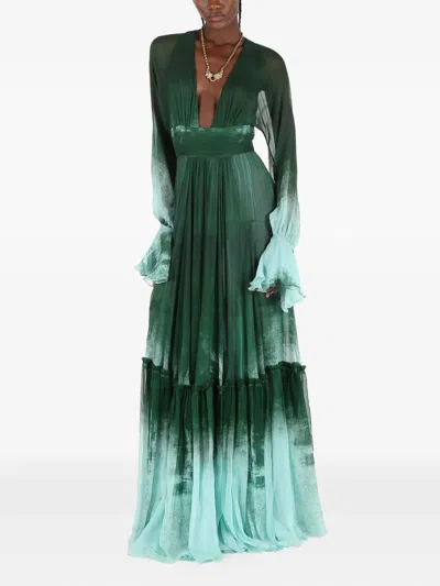 Roberto Cavalli Ruffled Silk Empire Dress In Green