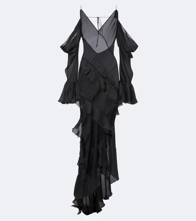 Roberto Cavalli Ruffled Silk Gown In Black