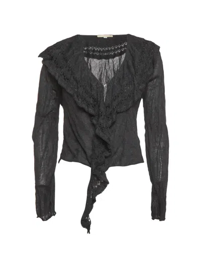 Pre-owned Roberto Cavalli Ruffle-trim Metallic-knit Cardigan In Black
