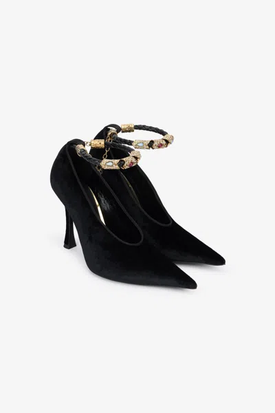 Roberto Cavalli Velvet Stiletto Heels With Jewel Anklet In Black