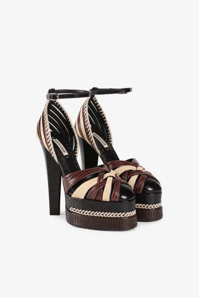 Roberto Cavalli Snakeskin-effect Braided Platform Sandals In Brown
