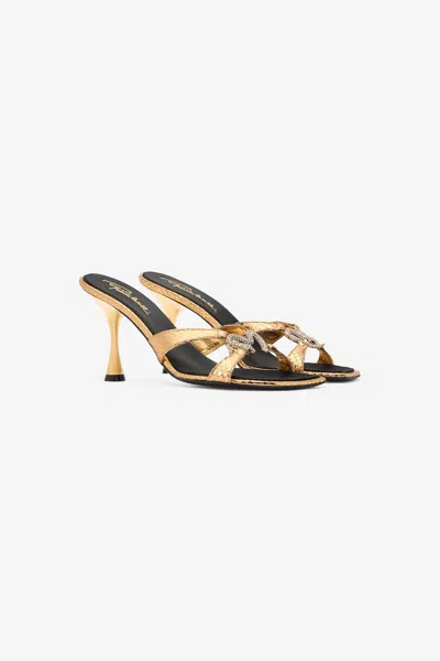Roberto Cavalli Sandals With Snake Print And Snake Jewel In Gold