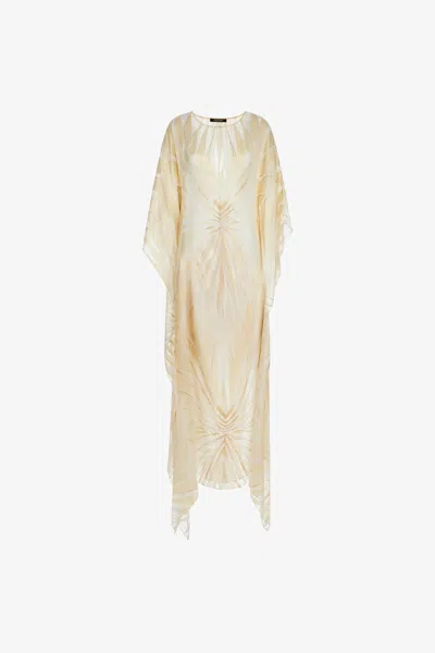 Roberto Cavalli Satin Caftan With Ray Of Gold Print In Ivory
